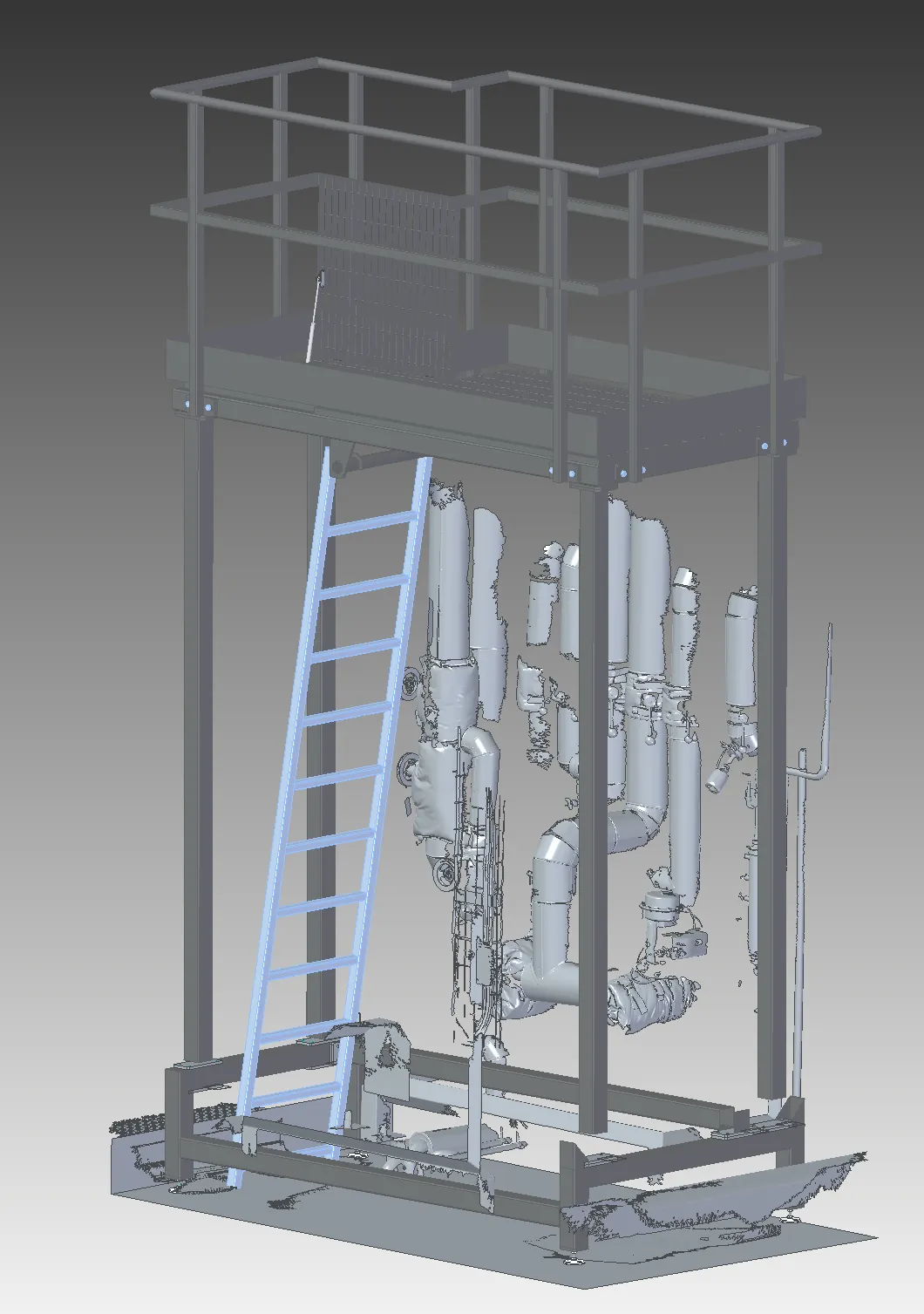 Model 3D podestu rewizyjnego na czterech słupach, z barierkami i drabiną, wstawiony w szarą siatkę skanu instalacji rurowej.