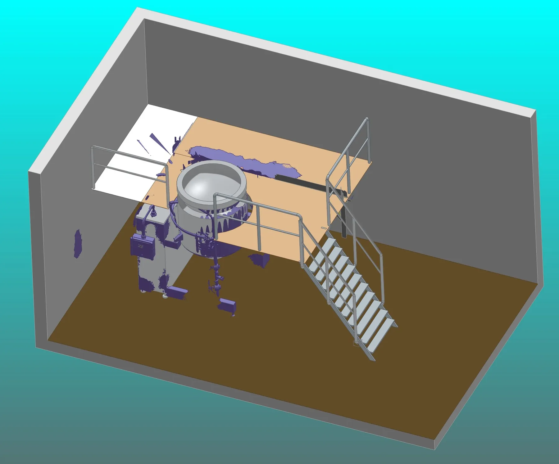 Model 3D pomieszczenia z góry: przy zbiorniku zaznaczonym na fioletowo stoi podest z barierkami, a na podest prowadzą proste schody stalowe z poręczami.